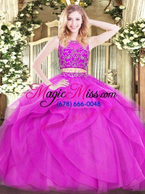 Scoop Sleeveless Quince Ball Gowns Floor Length Beading and Ruffles Fuchsia Tulle