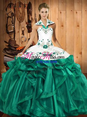 Elegant Turquoise Sleeveless Satin and Organza Lace Up 15 Quinceanera Dress for Military Ball and Sweet 16 and Quinceanera