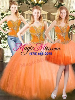 Sleeveless Floor Length Beading Lace Up Quinceanera Dresses with Orange Red