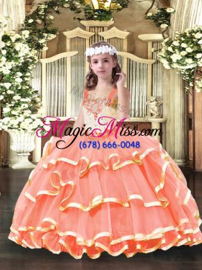 Floor Length Orange Red Pageant Dress Organza Sleeveless Beading and Ruffled Layers
