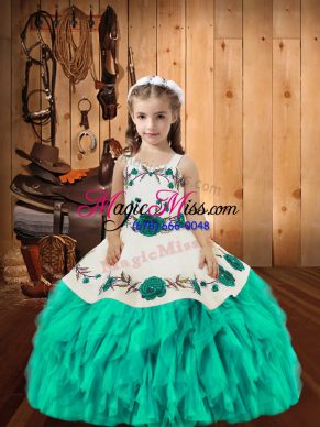 Straps Sleeveless Kids Pageant Dress Floor Length Embroidery and Ruffles Aqua Blue Organza