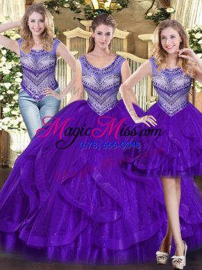 Edgy Floor Length Purple Vestidos de Quinceanera Tulle Sleeveless Beading and Ruffles