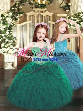 Dark Green Lace Up Kids Formal Wear Beading and Ruffles Sleeveless Floor Length