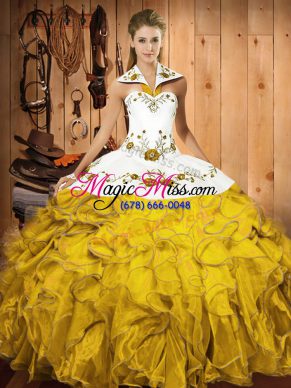 Best Sleeveless Floor Length Embroidery and Ruffles Lace Up 15th Birthday Dress with Gold