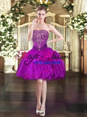 Purple Organza Lace Up Prom Dresses Sleeveless Mini Length Beading and Ruffles