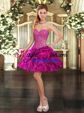 Fuchsia Sweetheart Neckline Beading and Ruffles Homecoming Dress Sleeveless Lace Up