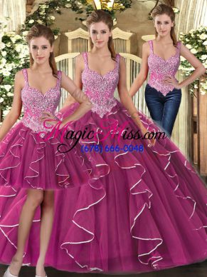 Free and Easy Sleeveless Tulle Floor Length Lace Up 15 Quinceanera Dress in Fuchsia with Beading and Ruffles