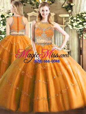 Orange Two Pieces Tulle Scoop Sleeveless Beading Floor Length Zipper 15th Birthday Dress