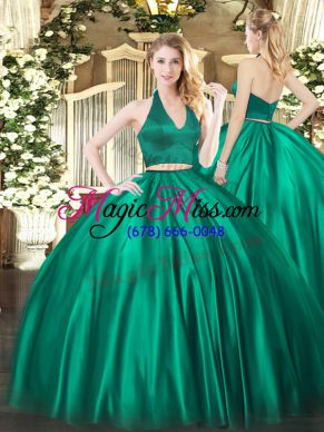 Dark Green Two Pieces Satin Halter Top Sleeveless Ruching Floor Length Zipper Ball Gown Prom Dress