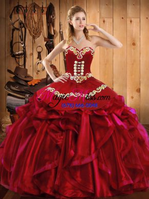 Shining Wine Red Sleeveless Embroidery and Ruffles Floor Length Ball Gown Prom Dress