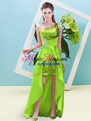 Cheap Yellow Green Elastic Woven Satin and Sequined Lace Up Prom Gown Sleeveless High Low Beading and Sequins