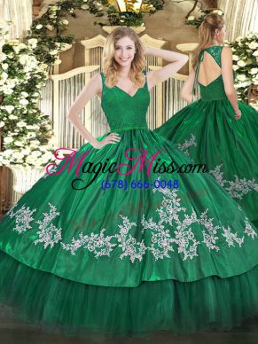 Dark Green Taffeta Backless Sweet 16 Dresses Sleeveless Floor Length Beading and Lace and Appliques