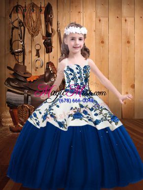 Eye-catching Embroidery Little Girl Pageant Dress Blue Lace Up Sleeveless Floor Length
