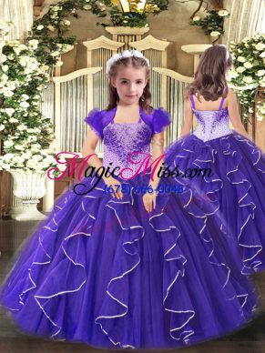 Purple Ball Gowns Organza Straps Sleeveless Beading and Ruffles Floor Length Lace Up Custom Made Pageant Dress