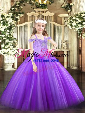 Lavender Sleeveless Floor Length Beading Lace Up Pageant Dress for Womens