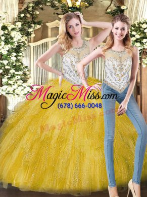 Scoop Sleeveless Sweet 16 Dresses Floor Length Beading and Ruffles Yellow Organza