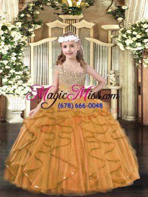 Orange Lace Up Straps Beading and Ruffles Pageant Gowns For Girls Tulle Sleeveless
