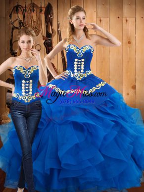 Blue Lace Up Sweetheart Embroidery and Ruffles 15 Quinceanera Dress Satin and Organza Sleeveless