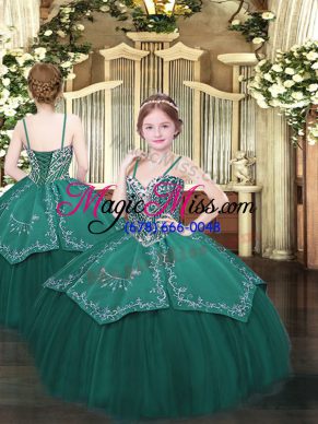 Graceful Dark Green Spaghetti Straps Neckline Beading and Embroidery Pageant Dress for Womens Sleeveless Lace Up