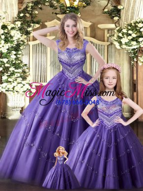 Excellent Eggplant Purple Ball Gowns Tulle Scoop Sleeveless Beading Floor Length Lace Up 15 Quinceanera Dress