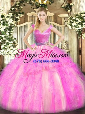 V-neck Sleeveless Zipper Ball Gown Prom Dress Rose Pink Tulle