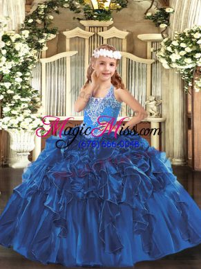 Most Popular Blue High School Pageant Dress Party and Quinceanera with Beading and Ruffles V-neck Sleeveless Lace Up