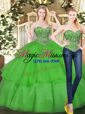 High Class Green Organza Lace Up Sweet 16 Quinceanera Dress Sleeveless Floor Length Beading and Ruffled Layers