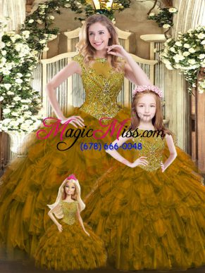 Top Selling Floor Length Brown Ball Gown Prom Dress Organza Sleeveless Beading and Ruffles