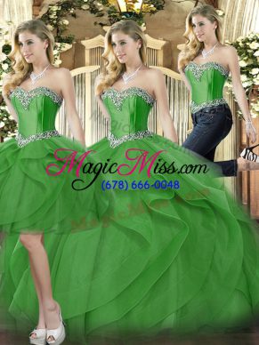 Green Lace Up Quinceanera Dresses Beading and Ruffles Sleeveless Floor Length