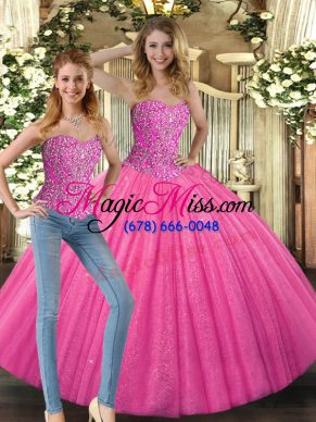 Custom Made Hot Pink Lace Up Quince Ball Gowns Beading Sleeveless Floor Length