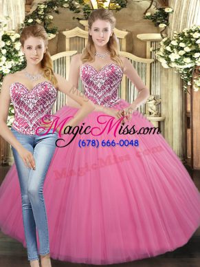 Rose Pink Tulle Lace Up Sweetheart Sleeveless Floor Length Sweet 16 Dress Beading