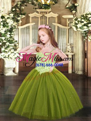 Olive Green Ball Gowns Spaghetti Straps Sleeveless Tulle Floor Length Lace Up Appliques High School Pageant Dress