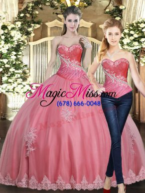 Rose Pink Quince Ball Gowns Military Ball and Sweet 16 and Quinceanera with Beading and Appliques Sweetheart Sleeveless Lace Up