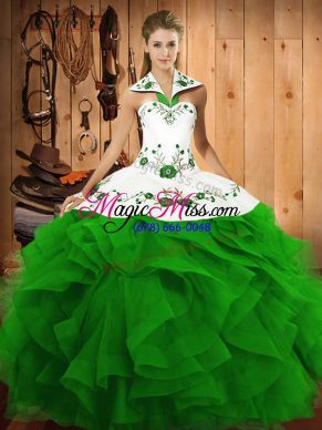 Graceful Sleeveless Floor Length Embroidery and Ruffles Lace Up Sweet 16 Quinceanera Dress with Green