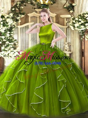 Extravagant Sleeveless Organza Floor Length Clasp Handle Quinceanera Dress in Olive Green with Ruffles
