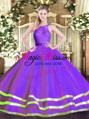Eggplant Purple Sleeveless Lace Floor Length Quinceanera Gown