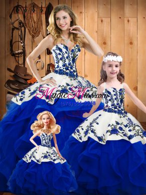 Royal Blue Sweetheart Neckline Embroidery and Ruffles Vestidos de Quinceanera Sleeveless Lace Up