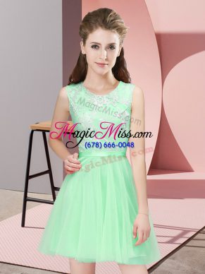 Superior Apple Green A-line Tulle Scoop Sleeveless Lace Mini Length Side Zipper Bridesmaid Dress