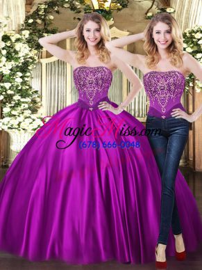 Attractive Purple Tulle Lace Up Sweetheart Sleeveless Floor Length Ball Gown Prom Dress Beading