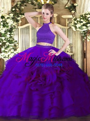 Great Halter Top Sleeveless Backless Sweet 16 Quinceanera Dress Purple Tulle