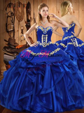 Sumptuous Royal Blue Sleeveless Satin and Organza Lace Up 15th Birthday Dress for Military Ball and Sweet 16 and Quinceanera
