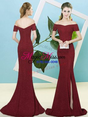 Attractive Burgundy Prom Dresses Prom and Party with Sequins Off The Shoulder Short Sleeves Sweep Train Zipper
