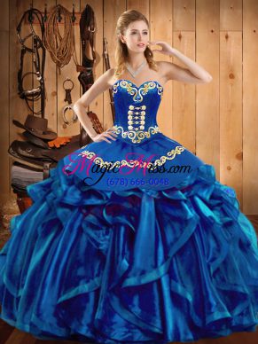 Most Popular Sleeveless Floor Length Embroidery and Ruffles Lace Up Sweet 16 Dress with Blue