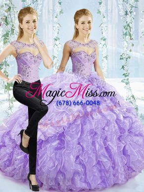 Sleeveless Beading and Pick Ups Lace Up Quince Ball Gowns with Lavender Brush Train