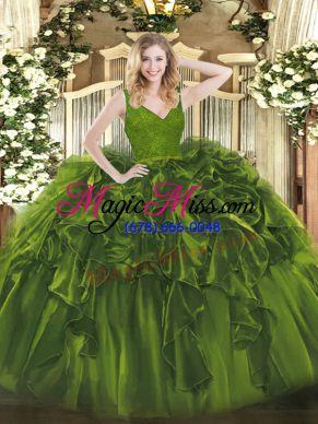 Glorious Olive Green Backless V-neck Beading and Lace and Ruffles Quinceanera Gowns Organza Sleeveless