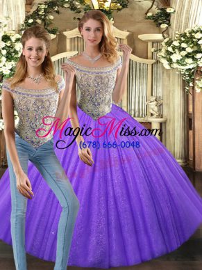 High Quality Two Pieces Quince Ball Gowns Eggplant Purple Bateau Tulle Sleeveless Floor Length Lace Up