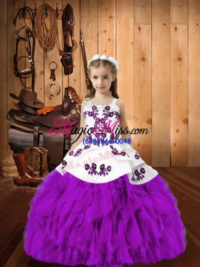 Sleeveless Lace Up Floor Length Embroidery and Ruffles Little Girls Pageant Gowns