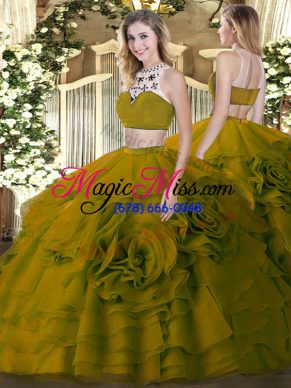 Olive Green Tulle Backless High-neck Sleeveless Floor Length Quinceanera Gown Beading and Ruffled Layers