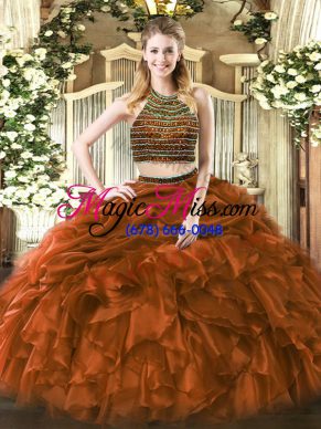 Brown Zipper Halter Top Beading and Ruffles Quinceanera Gowns Tulle Sleeveless