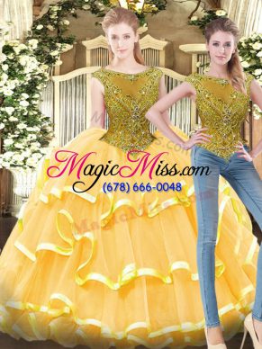 Bateau Sleeveless Zipper Quinceanera Gown Gold Tulle